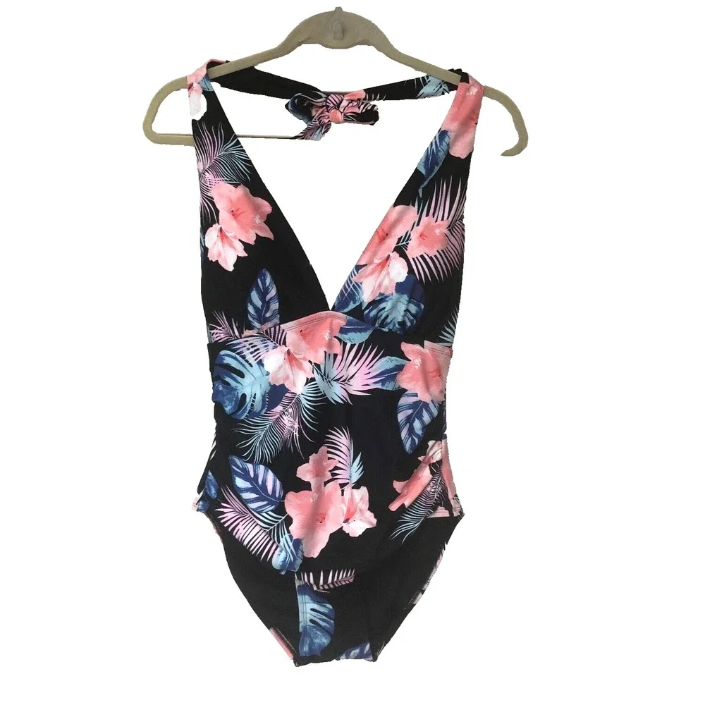 NWT‎ DKNY Halter Swimsuit UPF Bathing Suit 1 PC Floral Beach Vacation Womens XL - Picture 2 of 9